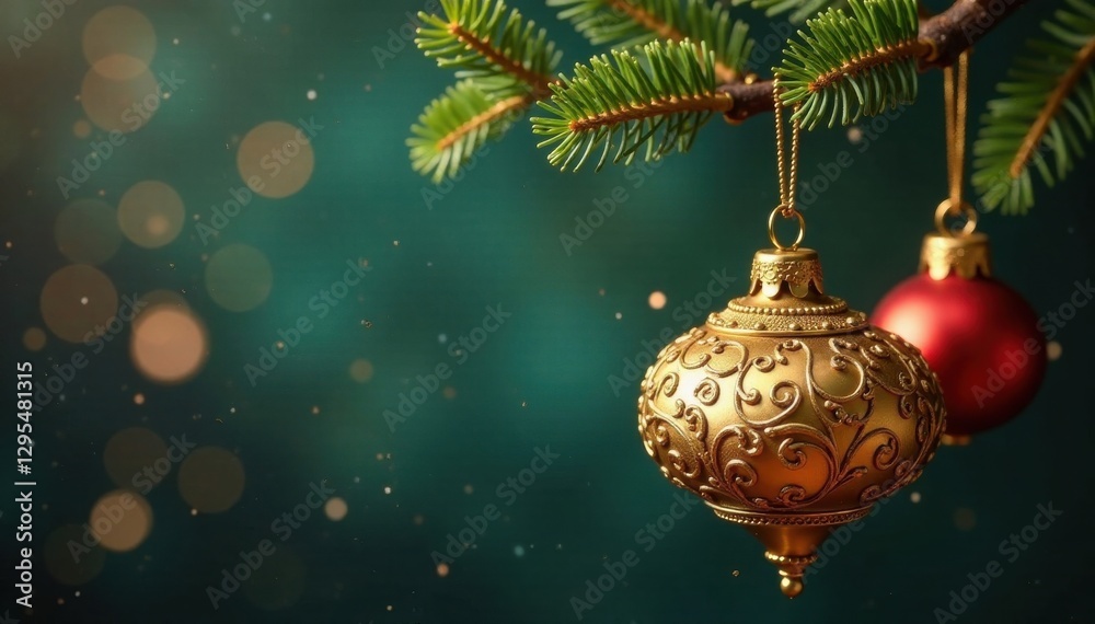 Fototapeta premium Gold ornaments hanging from a metal hook, Ornament, Decor, Christmas