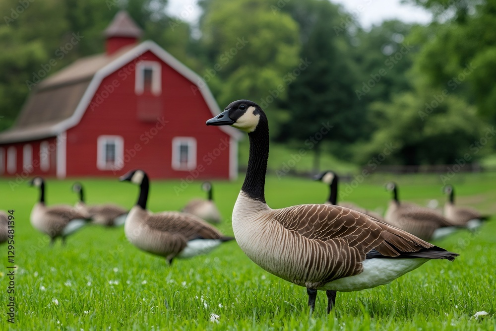 Canada goose standing on grass in front of red barn with other geese Canada goose standing on grass in front of red barn with other geese
