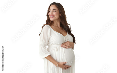 Portrait of a smiling pregnant woman touching her belly, isolated on transparent background
