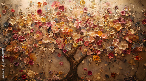 in the center of a peaceful garden, its bark etched with the names and stories of past generations 