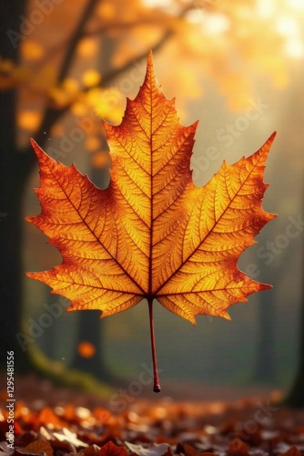 Golden autumn leaf with intricate foil texture, shiny yellow leaf gold foil texture, outdoors, golden
