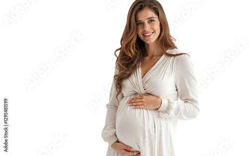Portrait of a smiling pregnant woman touching her belly, isolated on transparent background