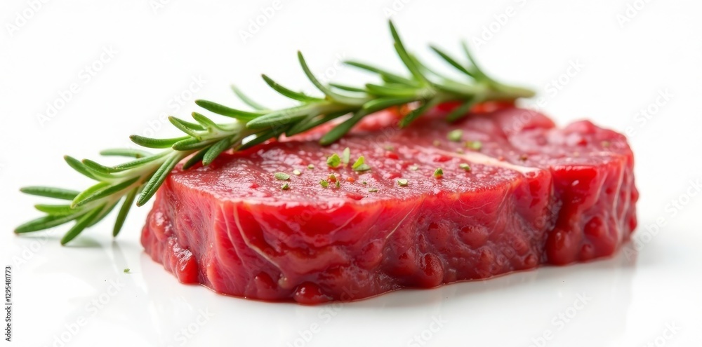 Juicy raw beef steak, rosemary sprig, white backdrop, herb, healthy, isolated Juicy raw beef steak, rosemary sprig, white backdrop, herb, healthy, isolated