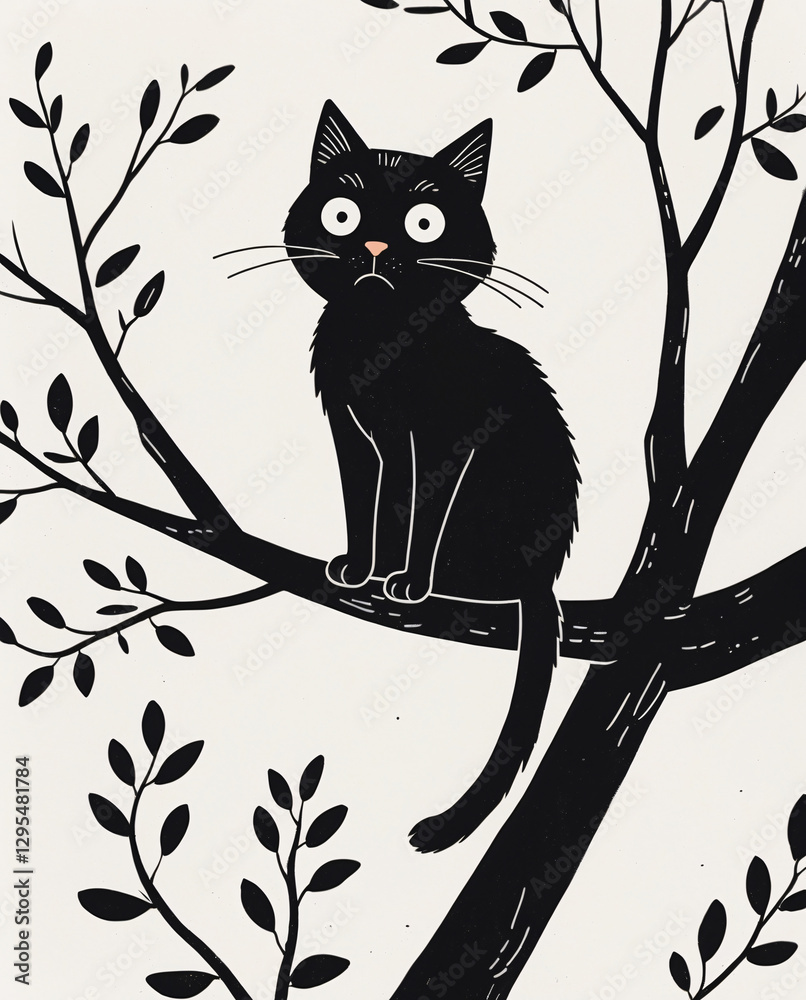 Cute Black Ink Drawing of Cat Resting on Tree Branch for Kids Horror Storybook with Mysterious and Spooky Elements Kids and Children Book Cover Design Idea Cute Black Ink Drawing of Cat Resting on Tree Branch for Kids Horror Storybook with Mysterious and Spooky Elements Kids and Children Book Cover Design Idea