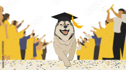 joyful Siberian Husky wearing graduation cap celebrates amidst cheering graduates, dog graduation cap.