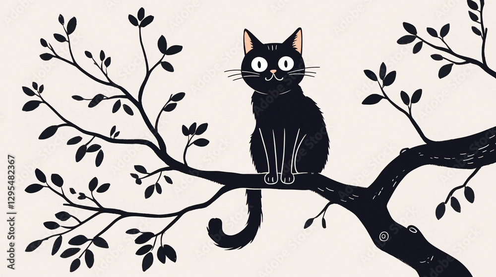 Cute Cat Illustration Sitting on Tree Branch with Black Ink in Mysterious and Spooky Style for Horror Kids Book Cover Kids and Children Book Cover Design Idea Cute Cat Illustration Sitting on Tree Branch with Black Ink in Mysterious and Spooky Style for Horror Kids Book Cover Kids and Children Book Cover Design Idea