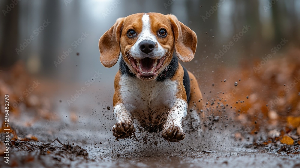 Joyful Beagle Running Through Mud in Autumn Woods Joyful Beagle Running Through Mud in Autumn Woods