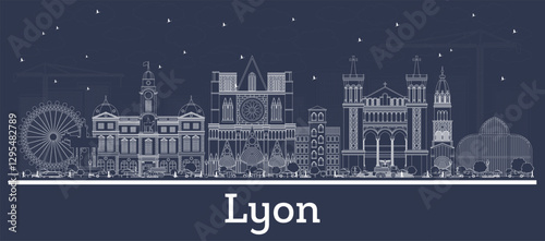 Outline Lyon France City Skyline with white Buildings. Business Travel and Concept with Historic Architecture. Lyon Cityscape with Landmarks