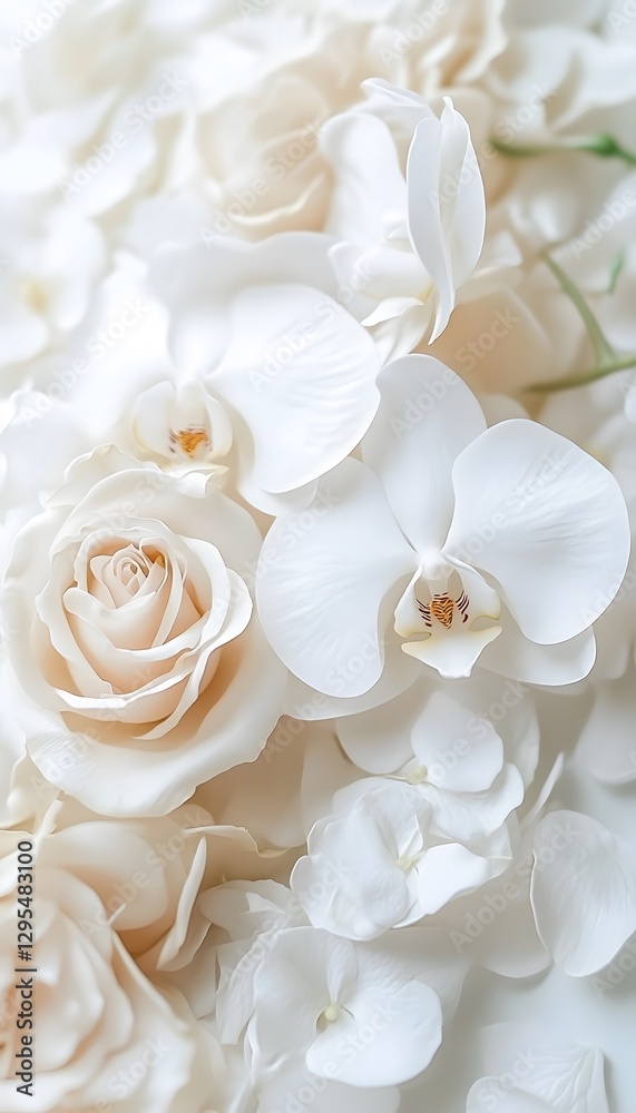 Delicate ivory roses and white orchids create a floral arrangement Delicate ivory roses and white orchids create a floral arrangement