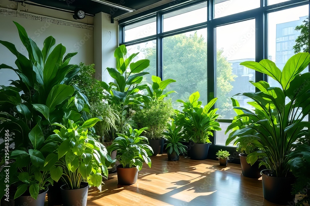 Lush Indoor Plants By Large Windows, Bright Room Decor Lush Indoor Plants By Large Windows, Bright Room Decor