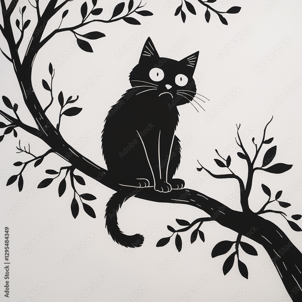 Cute Cat Resting on Tree Branch in Black Ink for Kids Horror Storybook with Whimsical and Creepy Elements Kids and Children Book Cover Design Idea Cute Cat Resting on Tree Branch in Black Ink for Kids Horror Storybook with Whimsical and Creepy Elements Kids and Children Book Cover Design Idea
