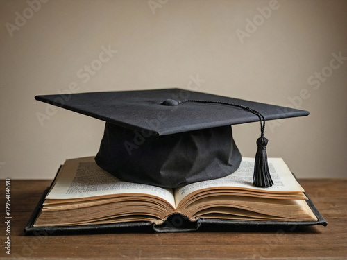 Wallpaper Mural Symbolic of Knowledge and Success, A black mortarboard sits atop a thick, open book, with its pages slightly curled. Torontodigital.ca