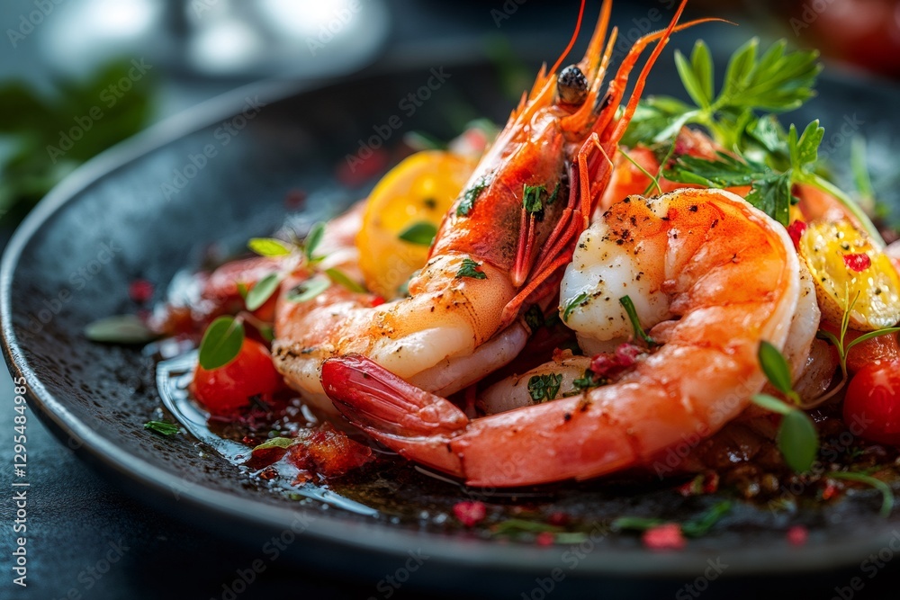 Grilled shrimps with lemon and tomatoes seasoned with herbs and spices resting on a dark plate Grilled shrimps with lemon and tomatoes seasoned with herbs and spices resting on a dark plate