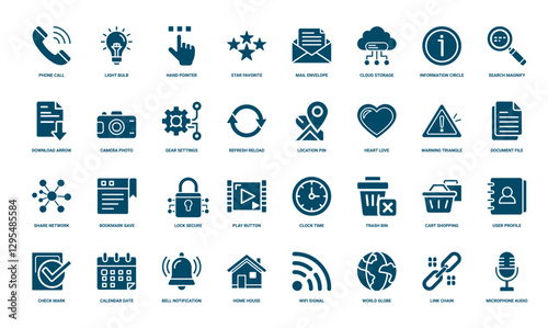 set blue icons actions objects concepts, security time play save
