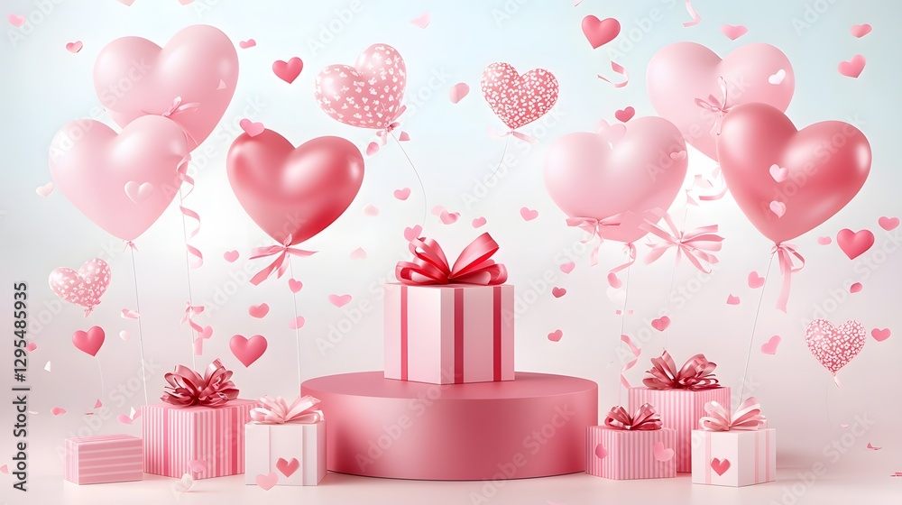 Festive Celebration with Pink Heart Balloons and Gift Boxes on a Light Background Festive Celebration with Pink Heart Balloons and Gift Boxes on a Light Background