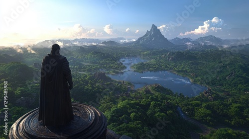 A figure looks out over a beautiful landscape of green mountains