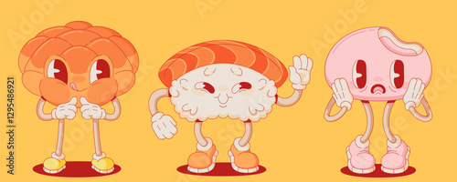 Retro Japanese food mascots set isolated on background. Contemporary vector cartoon illustration of mochi dessert, rice and fish sushi, chicken tempura characters smiling, Asian restaurant menu icons