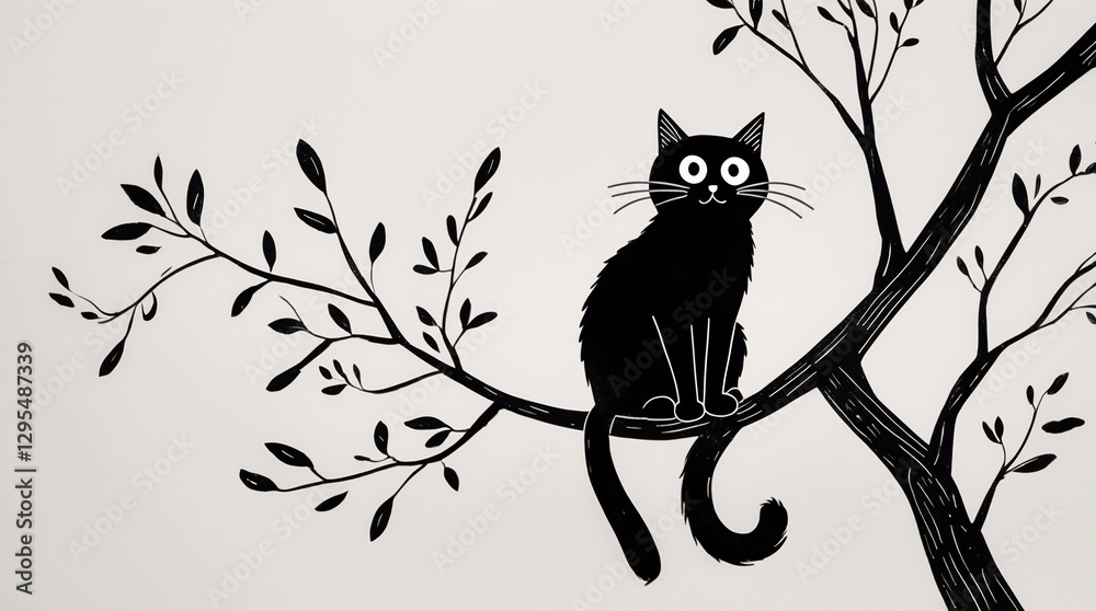 Playful Cat Resting on a Branch in Black Ink for Horror Storybook with Mysterious Whimsical Feel Kids and Children Book Cover Design Idea Playful Cat Resting on a Branch in Black Ink for Horror Storybook with Mysterious Whimsical Feel Kids and Children Book Cover Design Idea