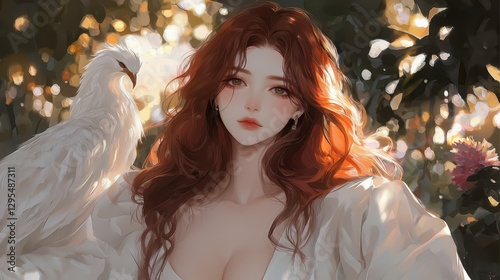 Enchanting redhead woman with a white bird in a sunlit garden