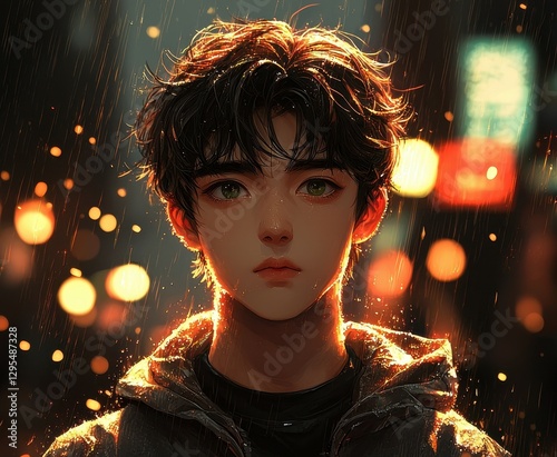 Melancholic Youth in the Rain Digital Painting of a Young Man in a City at Night