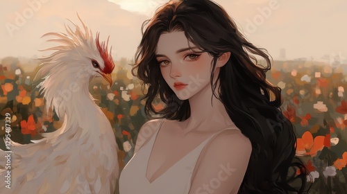 Serene Beauty Woman with a White Bird in a Flower Field
