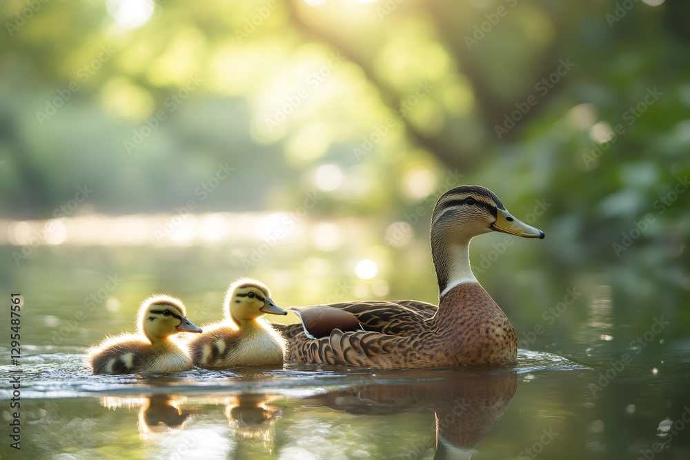 Fototapeta premium Mallard hen swimming with ducklings on a river at sunset