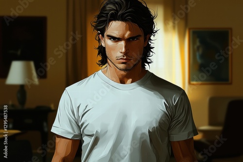 Pensive Young Man in a Simple T-Shirt, Dramatic Lighting