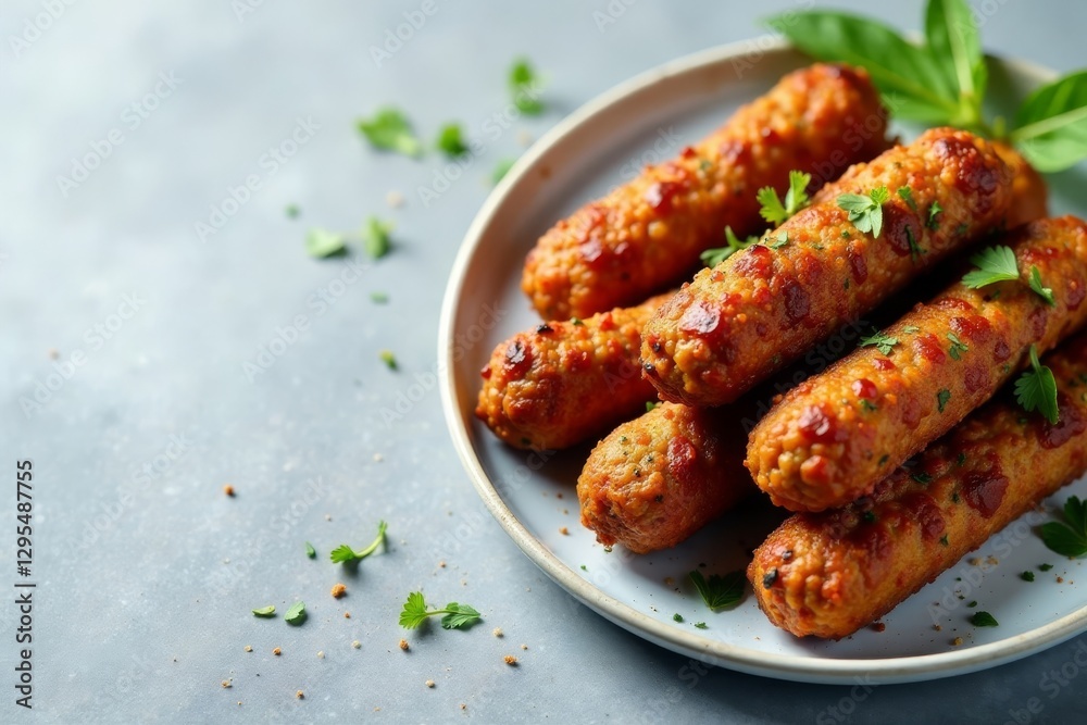 Seasoned kofta sticks arranged on gray marble, indian, dinner, gourmet Seasoned kofta sticks arranged on gray marble, indian, dinner, gourmet