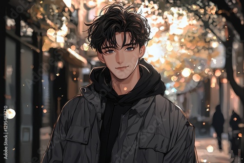 Handsome Anime Boy in City at Night
