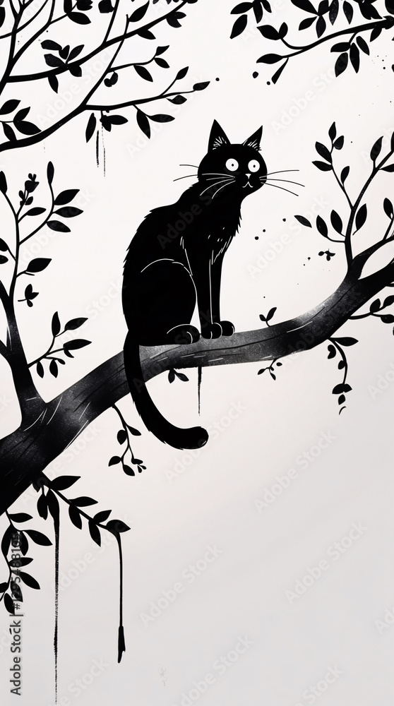 Playful Cat Sitting on Tree Branch in Black Ink for Kids Horror Storybook Cover with Creepy and Mysterious Energy Kids and Children Book Cover Design Idea Playful Cat Sitting on Tree Branch in Black Ink for Kids Horror Storybook Cover with Creepy and Mysterious Energy Kids and Children Book Cover Design Idea