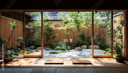 Japanese garden view, tranquil courtyard photo