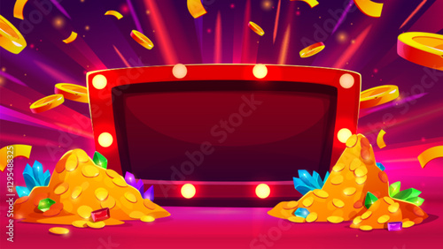 Casino win banner with empty frame and money. Vector cartoon illustration of gambling success background, blank board with light bulbs, piles of gold and gemstones, confetti in air, online betting app