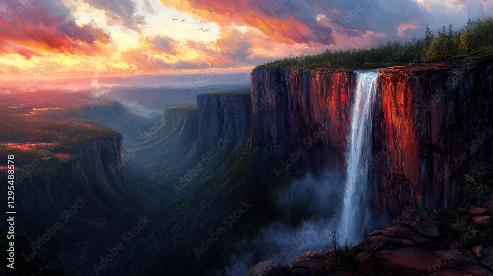 Fototapeta premium Vibrant Sunset Over a Majestic Waterfall and Canyon Landscape