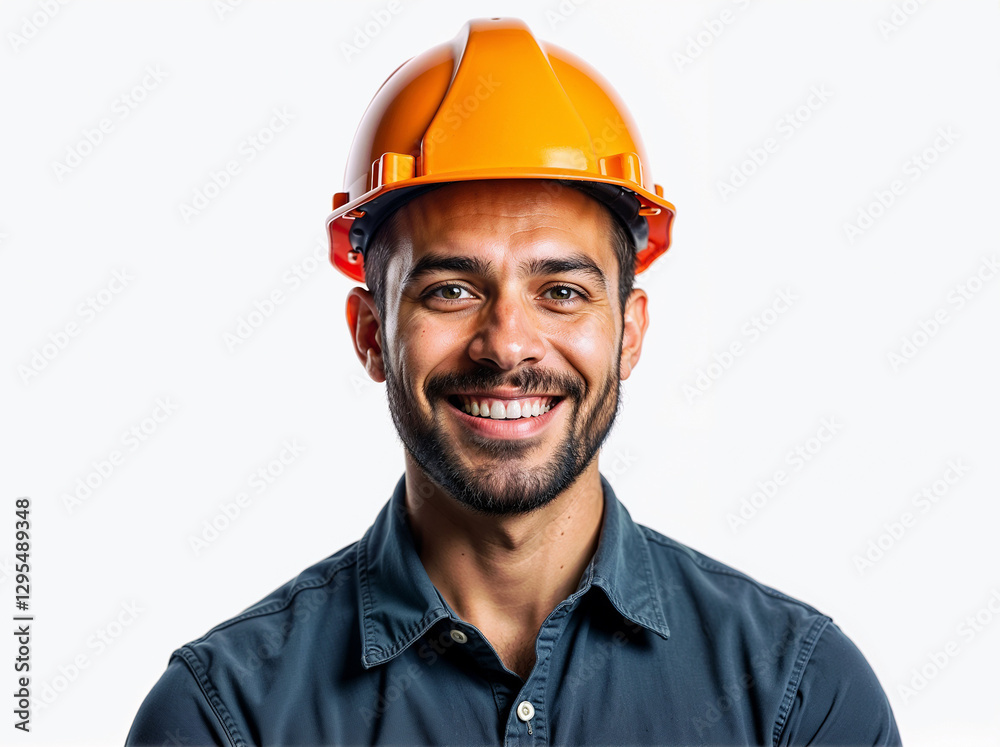 Confident man wearing an orange hard hat, smiling on a white background Confident man wearing an orange hard hat, smiling on a white background