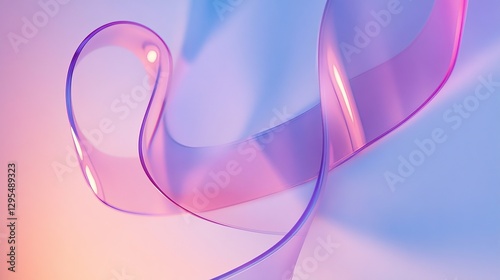 3D Render of Abstract Purple Glass Ribbon on Light Violet Background with Soft Lighting and Minimalistic Style