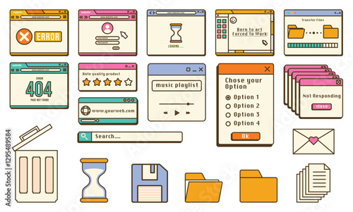 retro UI, vintage computer, old-school web, nostalgic interface, pixel art, Y2K design, error message, 404 page, floppy disk, hourglass loading, file transfer, pop-up windows, search bar, trash bin, m