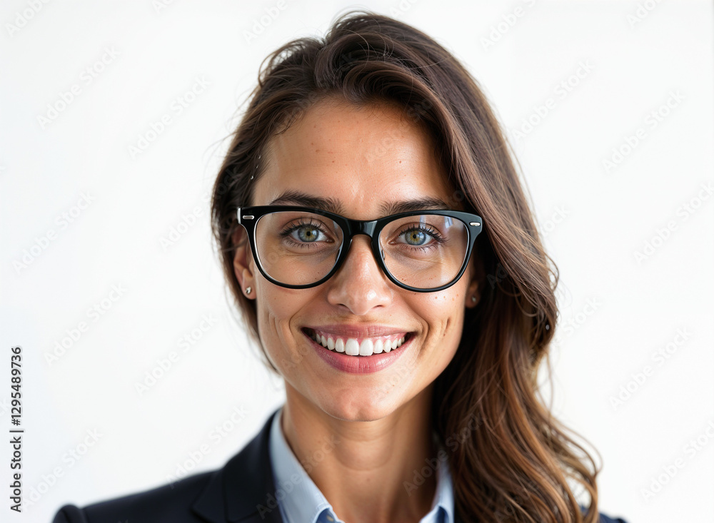 Smiling woman with long hair wearing glasses in a professional office setting Smiling woman with long hair wearing glasses in a professional office setting