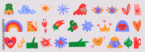 Abstract doodle shapes with simple faces, flowers, hearts, hands and eyes. Playful cartoon elements in vintage y2k aesthetic. Fun flat collection for social posts, stickers or retro style design.