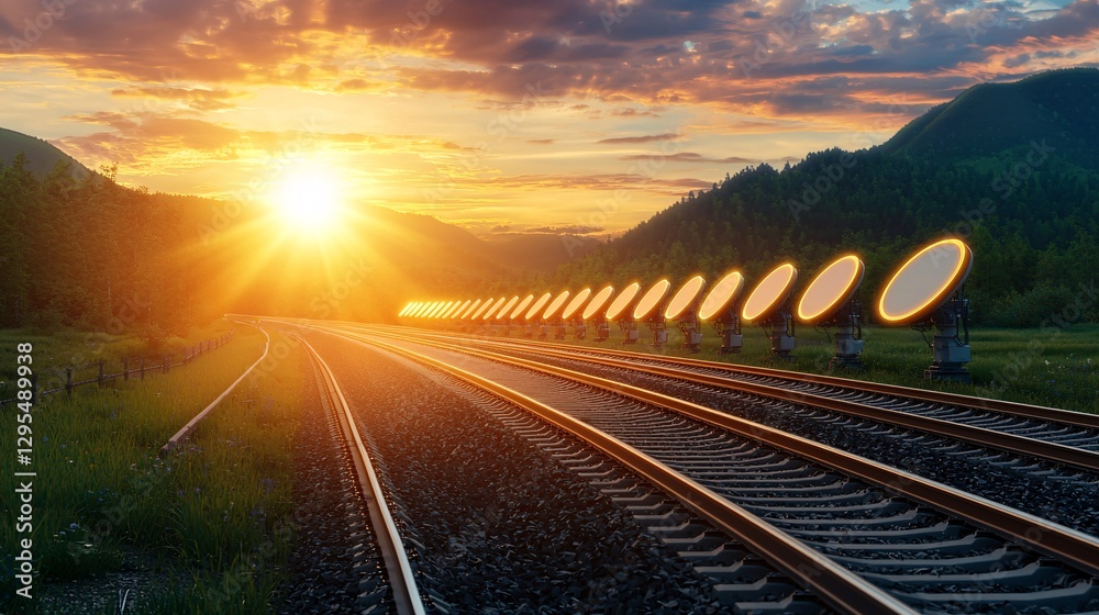 Scenic railways concept. A tranquil sunset illuminating train tracks with unique circular reflections along the rails, creating a serene, picturesque landscape.