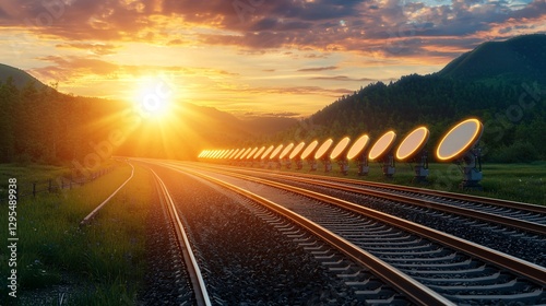 Obraz na płótnie Scenic railways concept. A tranquil sunset illuminating train tracks with unique circular reflections along the rails, creating a serene, picturesque landscape. w salonie