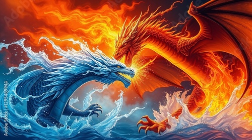 realistic illustration of a fire dragon fighting with a water dragon photo