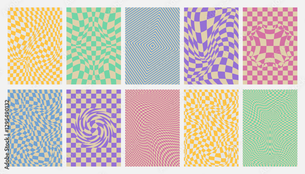 Y2k wavy checkerboard backgrounds with distorted grid patterns. Retro pastel optical illusion textures. Abstract twisted ornaments with dynamic trippy effects. Vintage groovy checker posters set.