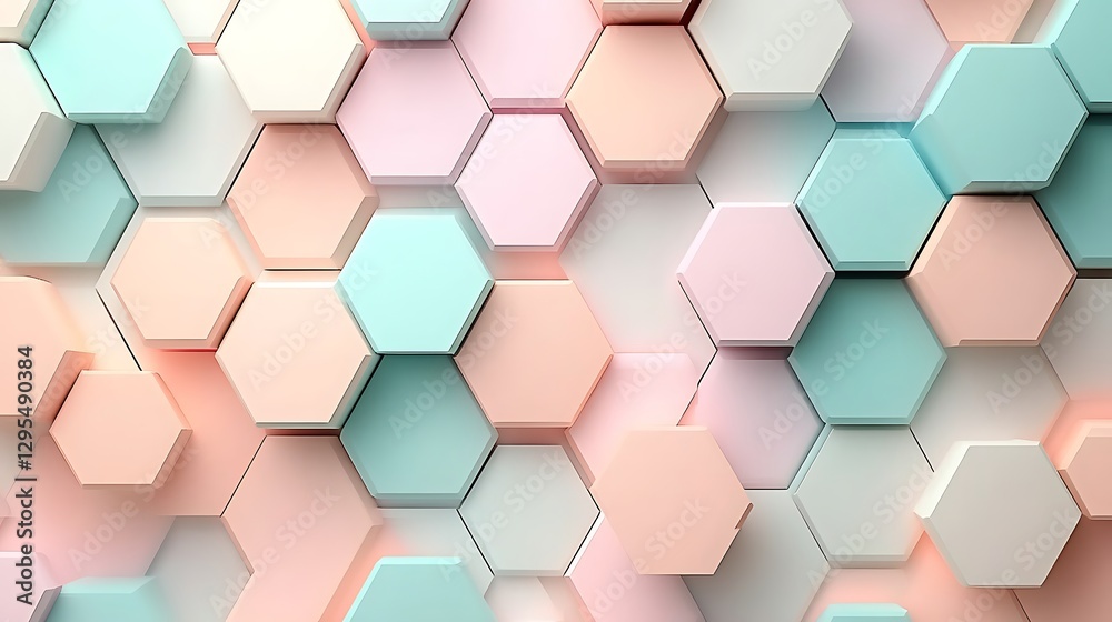 A seamless geometric design of interlocking hexagons, rendered in soft pastel tones of peach, mint, and lavender, with smooth gradients and subtle shadows, creating a harmonious and calming aesthetic, A seamless geometric design of interlocking hexagons, rendered in soft pastel tones of peach, mint, and lavender, with smooth gradients and subtle shadows, creating a harmonious and calming aesthetic,
