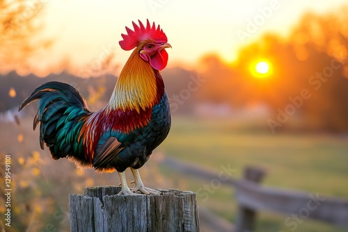 Colorful rooster crowing at sunrise on a farm