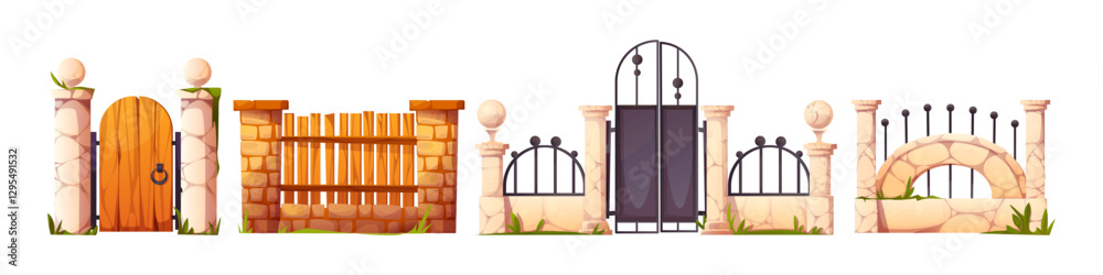 Fototapeta premium Cartoon gates and fences collection with stone pillars - entrance set with wooden doors, metal railings and brick arches. Garden property boundaries with decorative elements for game assets.