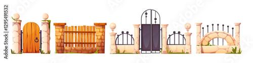 Cartoon gates and fences collection with stone pillars - entrance set with wooden doors, metal railings and brick arches. Garden property boundaries with decorative elements for game assets.