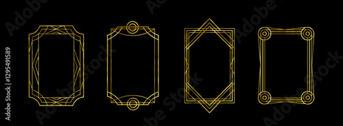 Great Gatsby deco frame collection with gold geometric borders on black background. Minimalist art nouveau style metallic outlines for luxury invitations, certificates or vintage design elements.