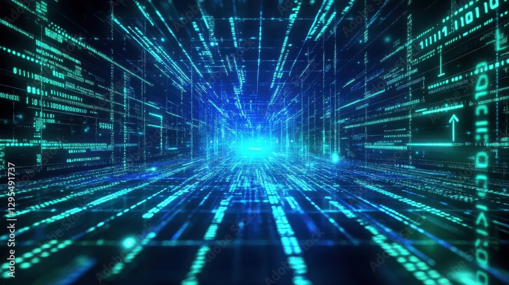 A glowing digital stock market graph with binary code overlay, blue and green neon financial data, futuristic fintech background