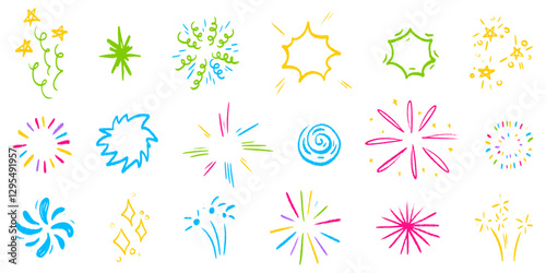 Crayon and scribble firework set of festive elements - doodle bright bursts, sparkling stars, swirls and glowing flashes. Hand drawn celebration designs for greeting cards, party and event background.