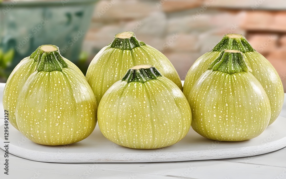 Obraz premium Five Fresh Round Green Zucchini on White Wooden Board